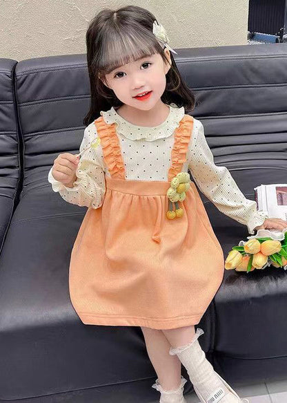 Jolie robe en coton deux pièces à volants orange pour fille Automne XZ062