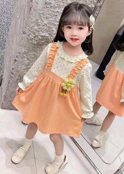 Jolie robe en coton deux pièces à volants orange pour fille Automne XZ062