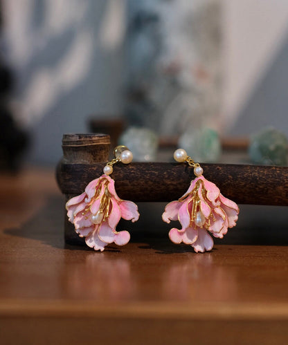 Boucles d'oreilles pendantes en alliage rose avec perles et émail en jade et orchidée WQ007