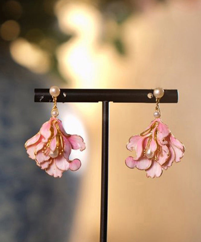 Cute Pink Alloy Pearl Enamel Jade Orchid Drop Earrings WQ007