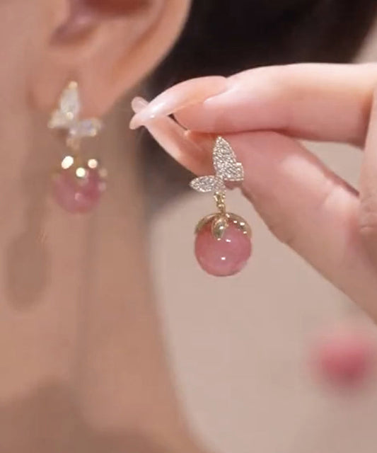 Zircon Cute Eye Butterfly Alloy Stone Cat Stud Pink Earrings