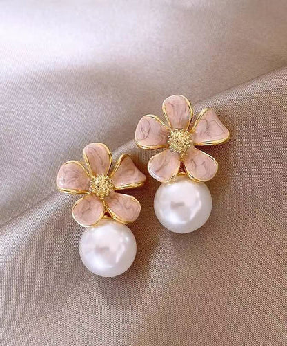 Boucles d'oreilles à tige en alliage de cuivre rose avec perles florales WH037