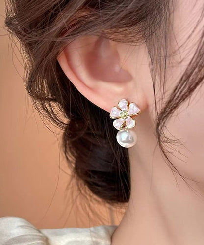 Boucles d'oreilles à tige en alliage de cuivre rose avec perles florales WH037