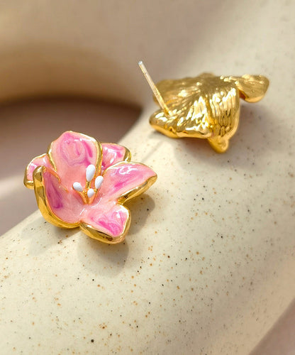 Drip Stud Cute Floral Glaze Earrings Copper Pink