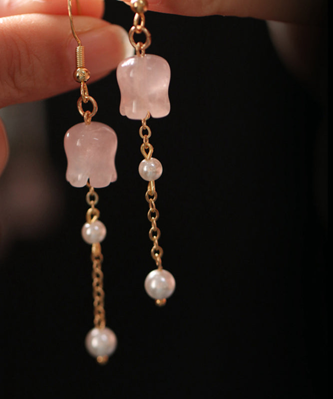 Cute Pink Copper Overgild Crystal Pearl Lily Of The Valley Tassel Drop Earrings QU034