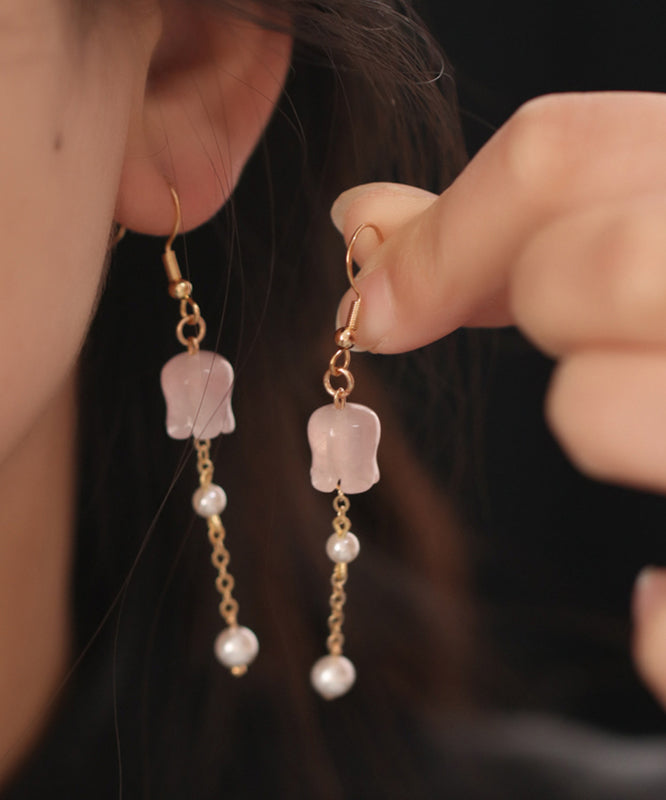 Cute Pink Copper Overgild Crystal Pearl Lily Of The Valley Tassel Drop Earrings QU034