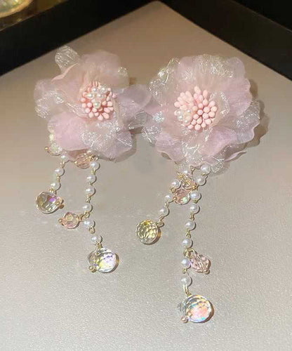 Boucles d'oreilles pendantes à pampilles florales en tulle et perles de cristal rose mignon II007