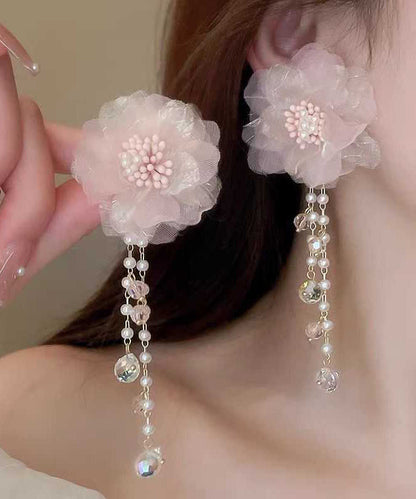 Boucles d'oreilles pendantes à pampilles florales en tulle et perles de cristal rose mignon II007