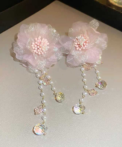 Boucles d'oreilles pendantes à pampilles florales en tulle et perles de cristal rose mignon II007