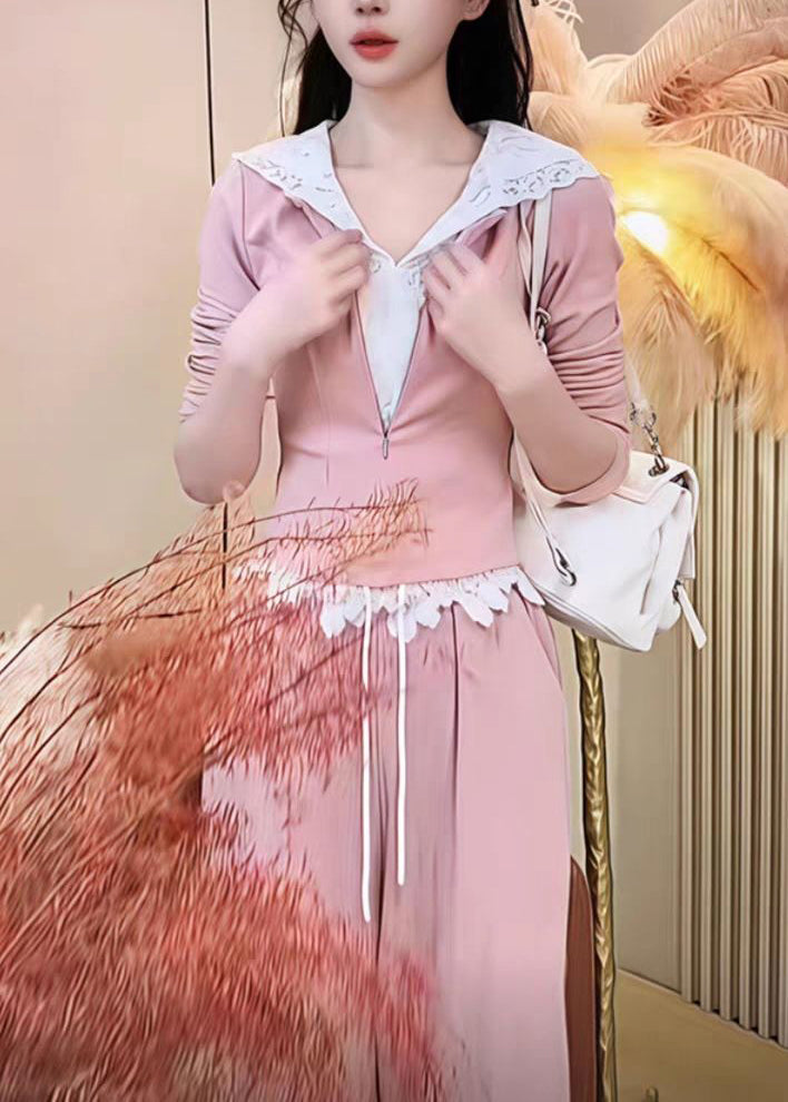 Pantalon large à jambes larges deux pièces à capuche faux sweat-shirt mignon rose
