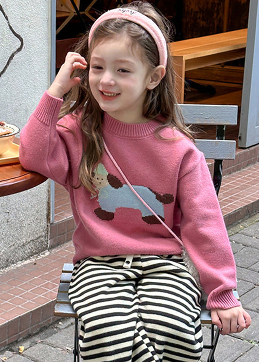 Pull en tricot de coton rose à imprimé petit chien pour fille, printemps TP035