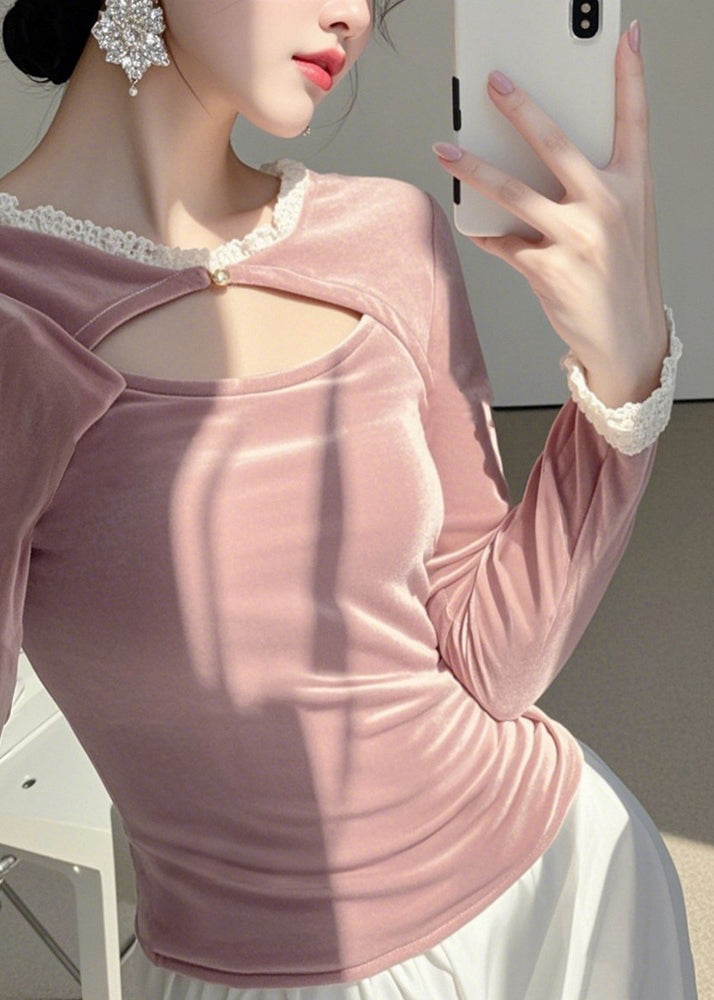 Haut asymétrique en velours de soie rose à col rond, printemps TO041