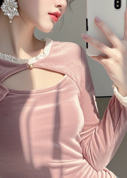 Haut asymétrique en velours de soie rose à col rond, printemps TO041