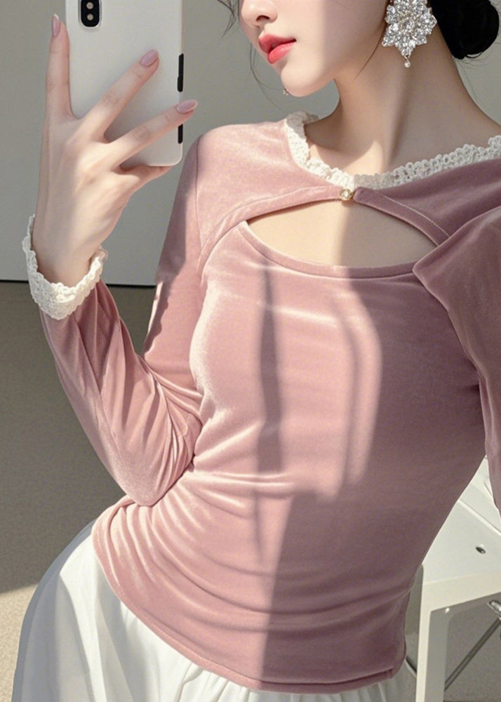 Haut asymétrique en velours de soie rose à col rond, printemps TO041