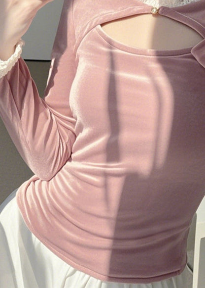 Haut asymétrique en velours de soie rose à col rond, printemps TO041