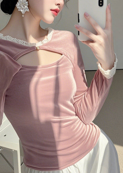 Haut asymétrique en velours de soie rose à col rond, printemps TO041