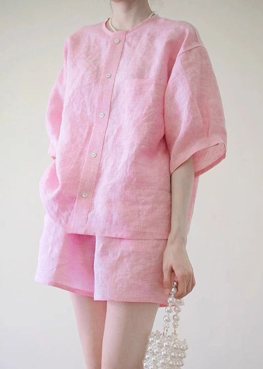 Cute Pink O-Neck Button Shirts And Shorts Two Pieces Set Summer QB020