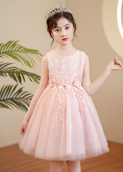 Jolie robe longue rose à col rond en tulle perlé à fleurs pour filles sans manches XZ049