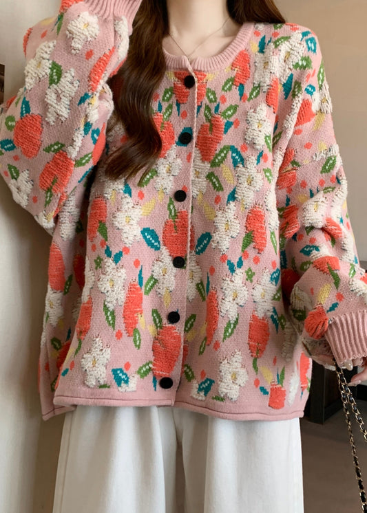 Manteau ample en tricot jacquard rose à col rond pour l'hiver RG028