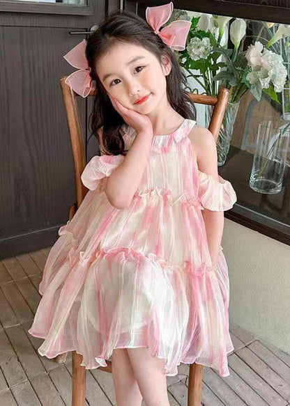 Jolie robe d'été rose en mousseline de soie à volants et col rond pour fille EW062