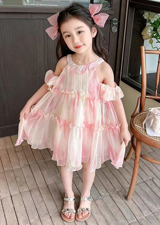 Süßes rosa O-Ausschnitt Rüschen Chiffon Mädchen Kleid Sommer EW062