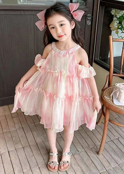 Jolie robe d'été rose en mousseline de soie à volants et col rond pour fille EW062