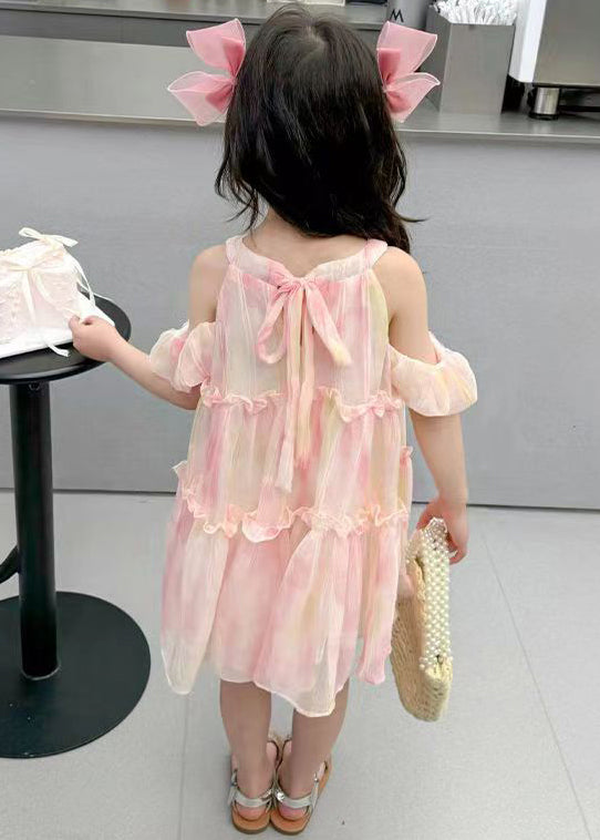 Süßes rosa O-Ausschnitt Rüschen Chiffon Mädchen Kleid Sommer EW062