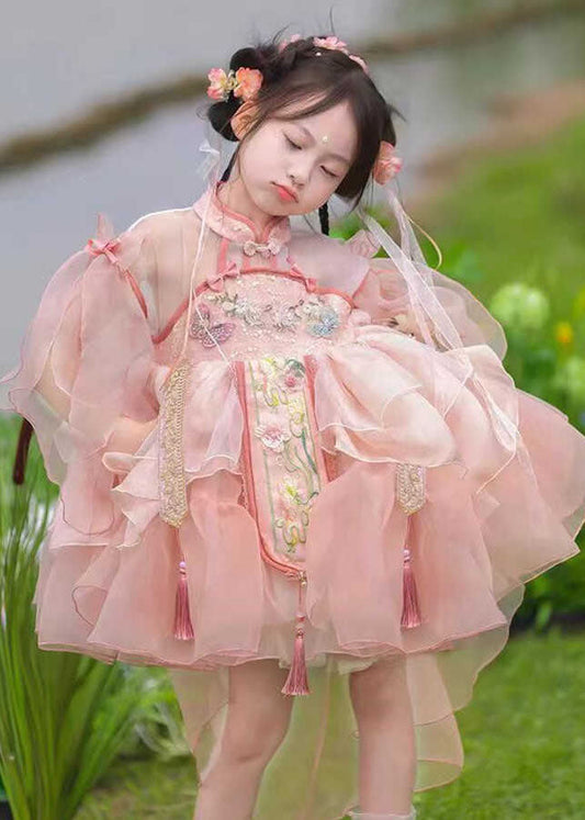 Kinder Sommer Lange Kleider Maxi Patchwork Tüll Rosa Nette Quaste