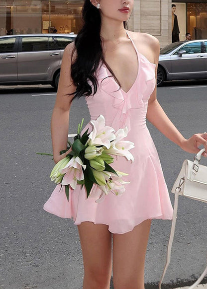 Summer Cute Mid Spaghetti Strap Pink Patchwork Ruffled Dress