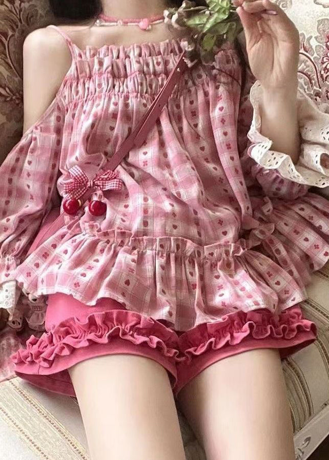 Süßes rosa Patchwork-Top mit Rüschendruck und Shorts, zweiteiliges Set für den Sommer UU1006