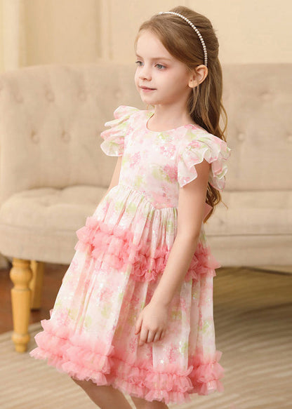 Robe longue en tulle à volants et imprimé patchwork rose pour fille, manches courtes, EW019