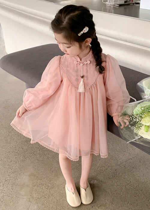 Süßes rosa Stehkragen Tüll Kinder Mädchen Kleid Langarm XZ057