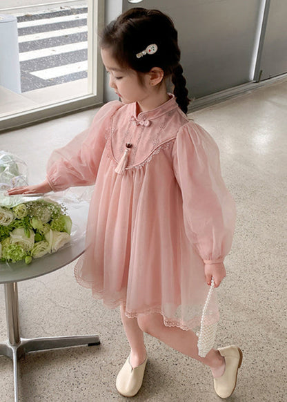 Robe rose mignonne à col montant en tulle pour enfants et filles, manches longues, XZ057