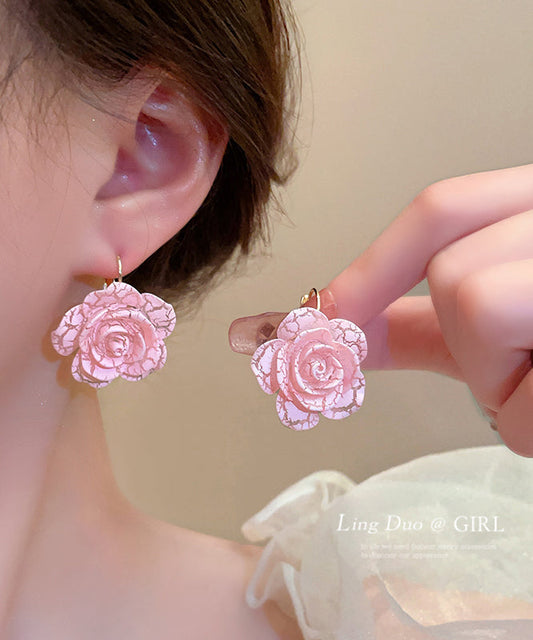 Cute Pink Sterling Silver Alloy Rose Resin Hoop Earrings YX012