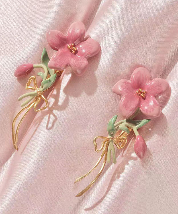 Cute Pink Sterling Silver Overgild Floral Drop Earrings PO074