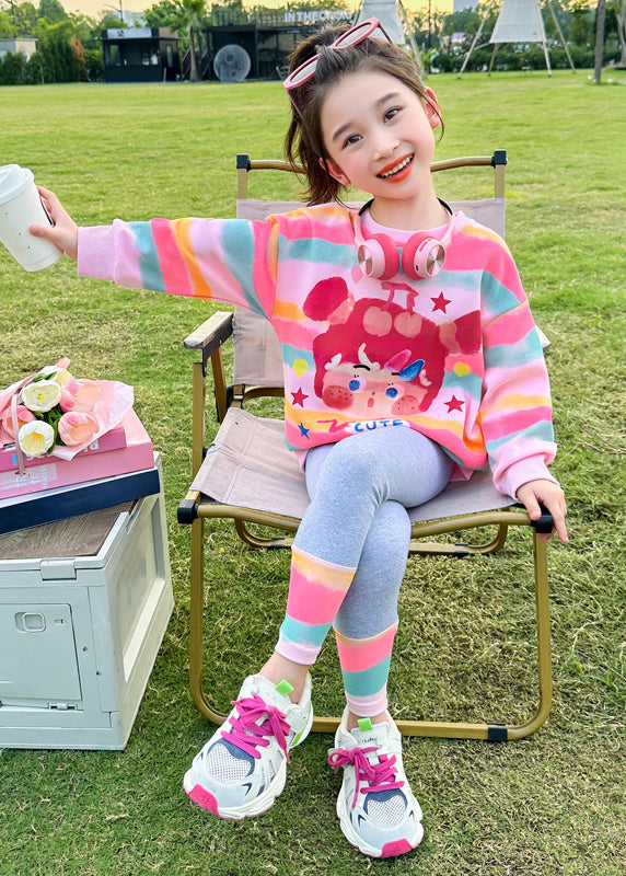 Ensemble deux pièces haut et pantalon à rayures roses pour fille, printemps TR031
