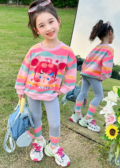 Ensemble deux pièces haut et pantalon à rayures roses pour fille, printemps TR031