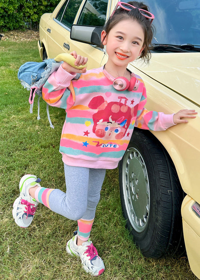 Ensemble deux pièces haut et pantalon à rayures roses pour fille, printemps TR031