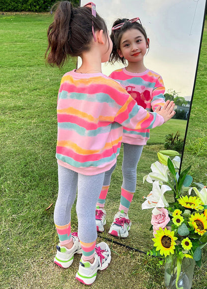 Ensemble deux pièces haut et pantalon à rayures roses pour fille, printemps TR031
