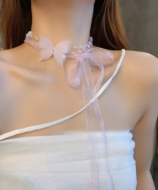 Zircon Pearl Cute Necklace Butterfly Tulle Pink Princess