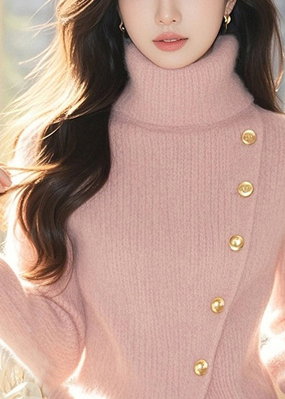 Süße rosa Rollkragenpullover aus Baumwolle stricken Tops Frühling TO026