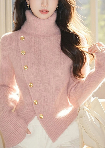 Süße rosa Rollkragenpullover aus Baumwolle stricken Tops Frühling TO026