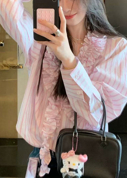 Rosa Frühling V Shirts Rüschen Niedlich Gestreiften Hals