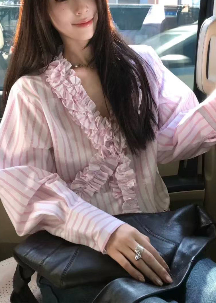 Rosa Frühling V Shirts Rüschen Niedlich Gestreiften Hals