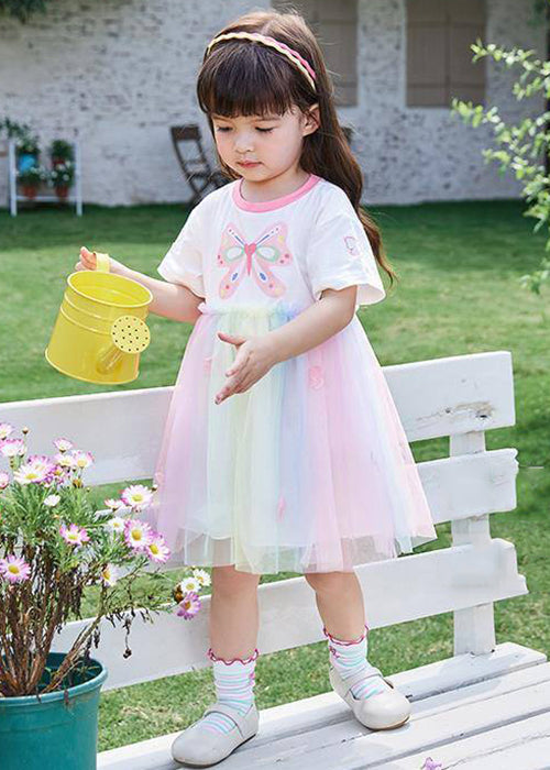 Süße Regenbogen Druck Tüll Patchwork Baumwolle Mädchen Kleid Sommer EW049