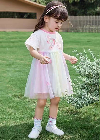 Robe d'été en coton patchwork en tulle à imprimé arc-en-ciel pour filles EW049