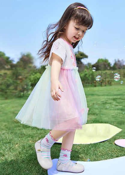 Robe d'été en coton patchwork en tulle à imprimé arc-en-ciel pour filles EW049