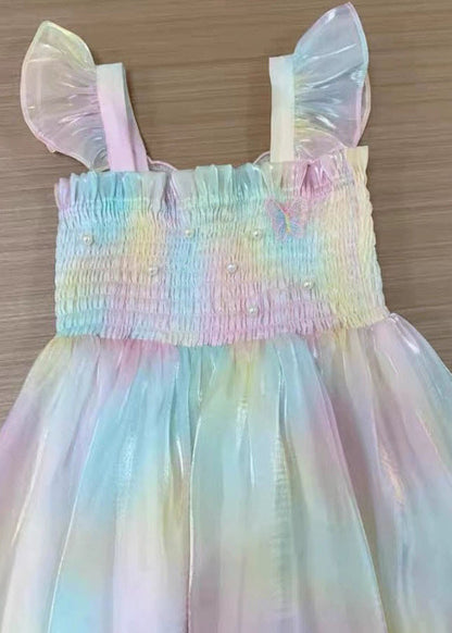 Robe longue en tulle perlé avec nœud froissé arc-en-ciel pour filles, sans manches, XZ034