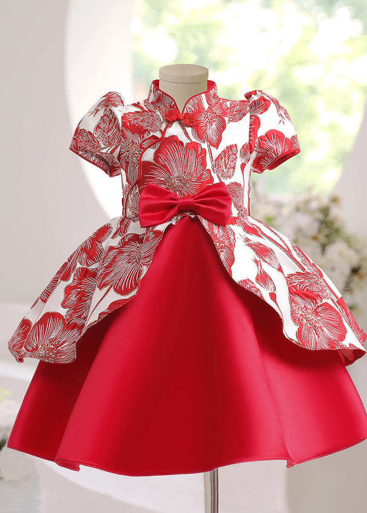 Rotes, kurzes, süßes Maxi-Kleid mit asymmetrischer Schleife und Print für Kinder