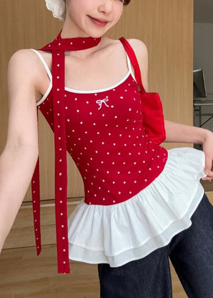 Rotes Rüschen Sommer Tank Niedliche Falten Patchwork Dot